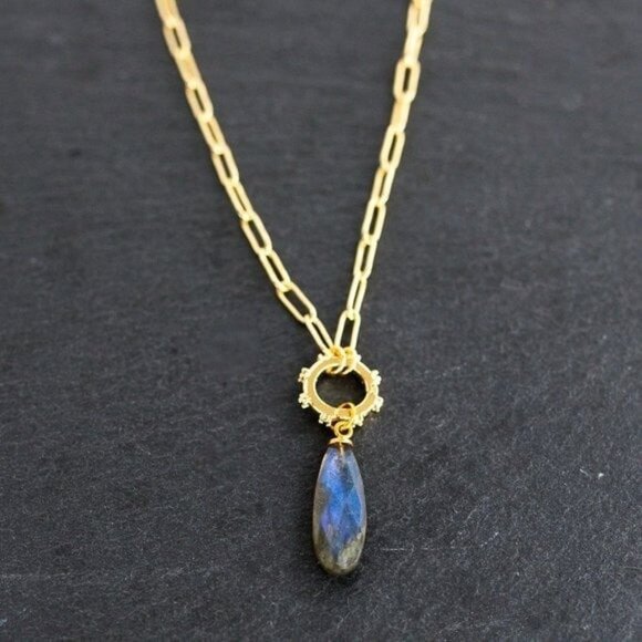 Beautiful Necklace Gemstone Pendant Gold Paperclip Chain Moonstone Labradorite - Picture 1 of 12